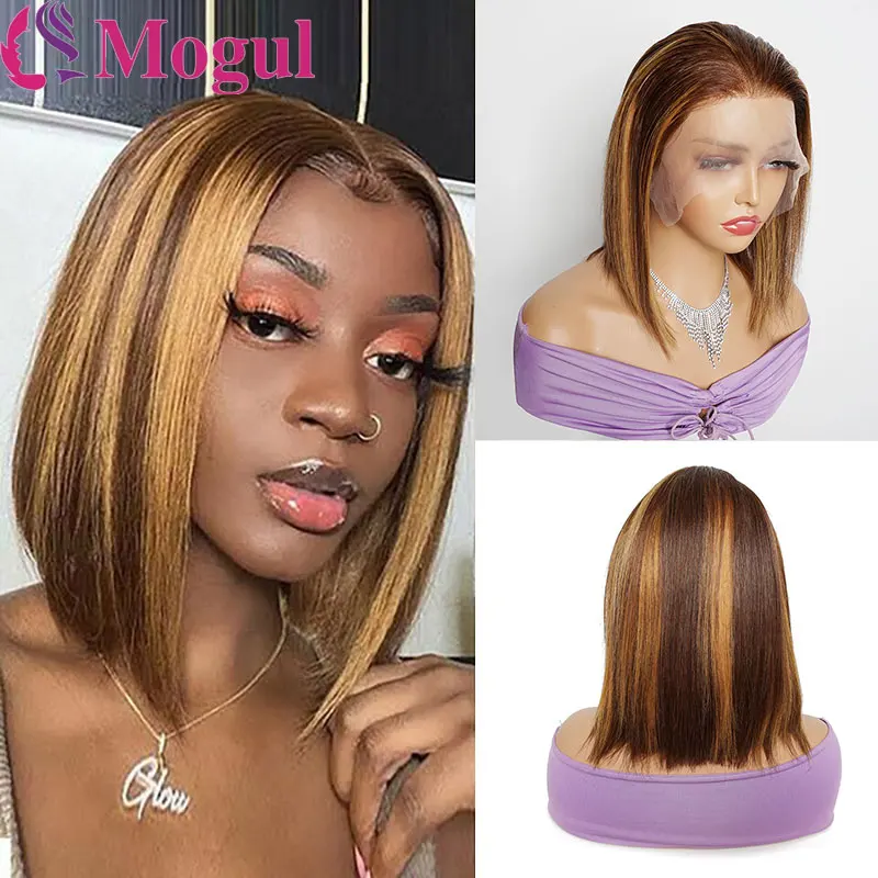 Highlight P4/27 Peruvian Remy Hair Short Bob Ombre Human Hair Wigs Blond Wig Straight Bob Wig 13*4 Lace Front Wigs For Women