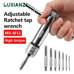 LUXIANZI T-Handle Ratchet Tap Holder Wrench Adjustable M3-M12 3-12mm Machine Screw Thread Tap Drill Hand Tapping Tools Set