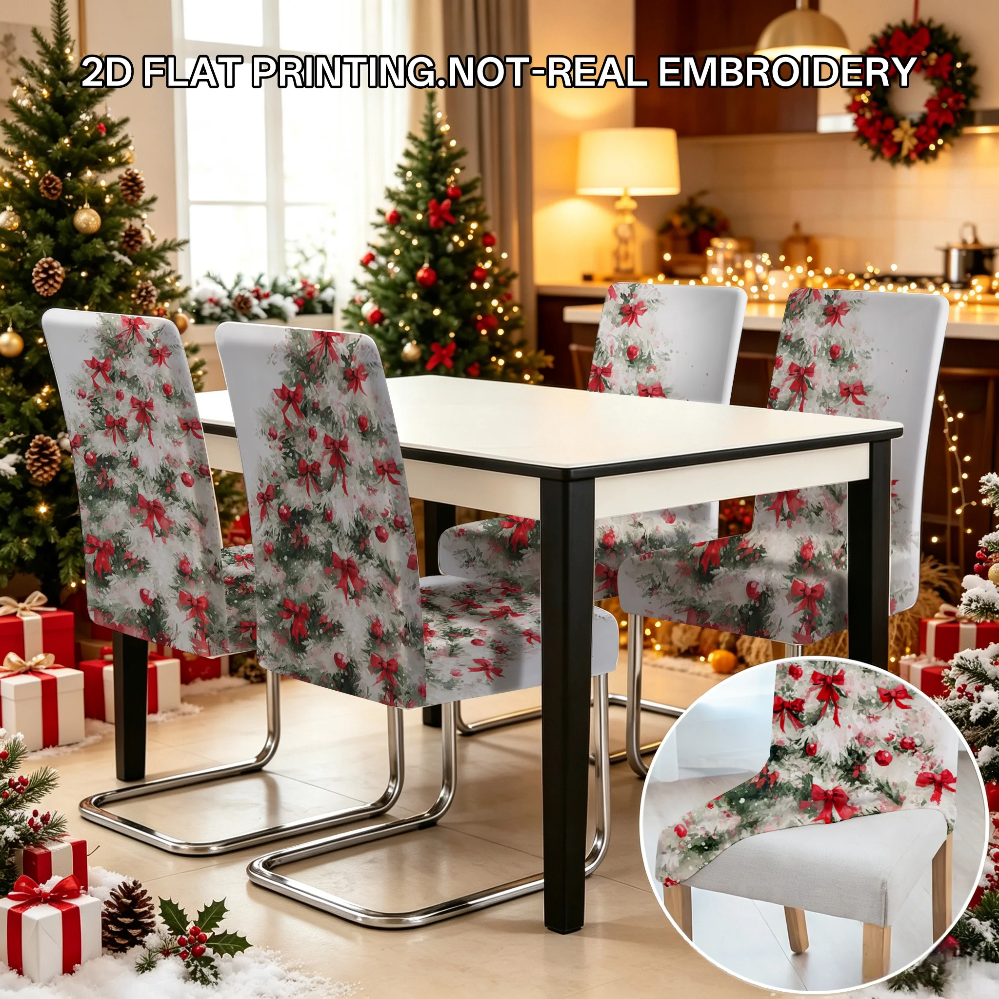 2/4/6 PCS watercolor Christmas tree lights dining chair cover, 2D flat design washable Christmas restaurant holiday decoration