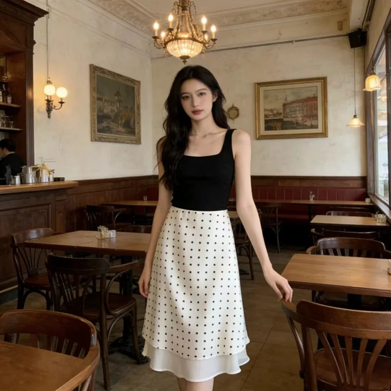 

Женская атласная юбка миди в горошек с завышенной талией, А-силуэт, элегантная летняя юбка свободного кроя