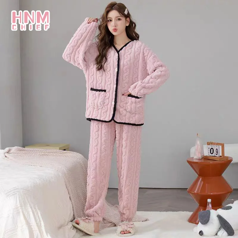 

Women Solid color Pyjamas Sets ladies Long Sleeve casual Sleepwear Pajamas Set women button soft comefortable Warm sleepwaer