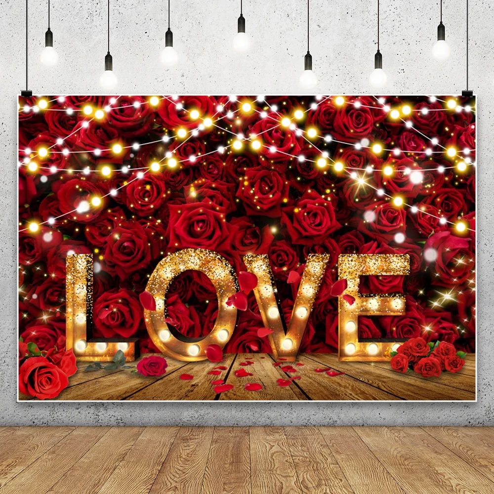 Valentine's Day Red Rose Flower Wall Photography Backdrop LOVE Lights Heart Balloons Wedding Bride Portrait Photocall Background