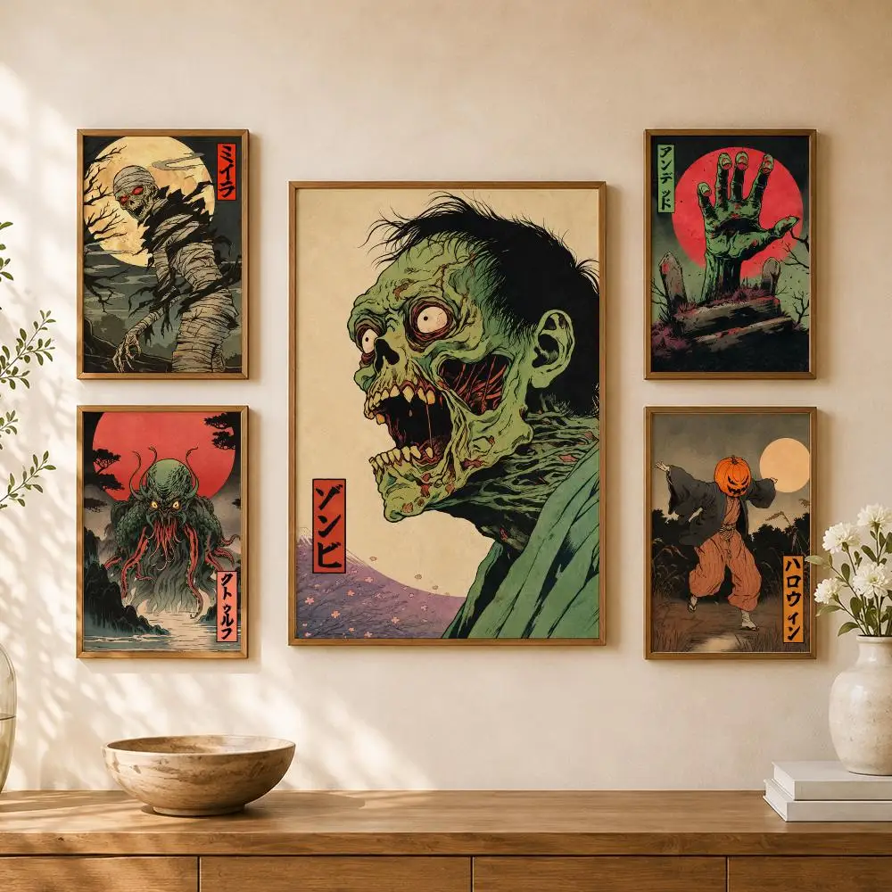 Japanese Rising Skeleton Ukiyoe Gothic Poster PP Self Adhesive Home Garage Dorm Bar Wall Decor Aesthetic Retro Gift