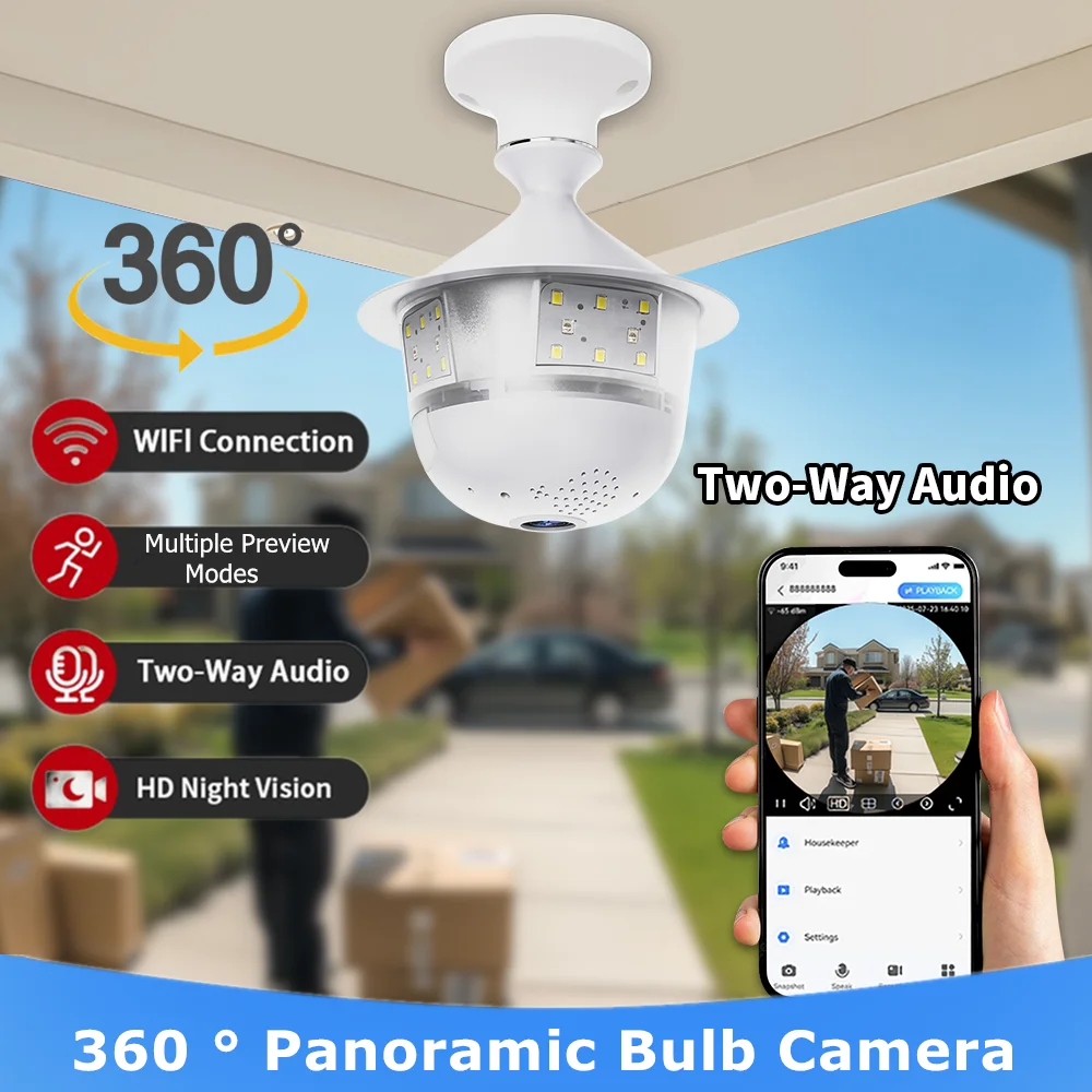 5MP Wifi Bulb Security Camera Full Color Night Vision Two-Way Voice Wireless Auto Tracking 360 Panoramic Fisheye Indoor IP CCTV