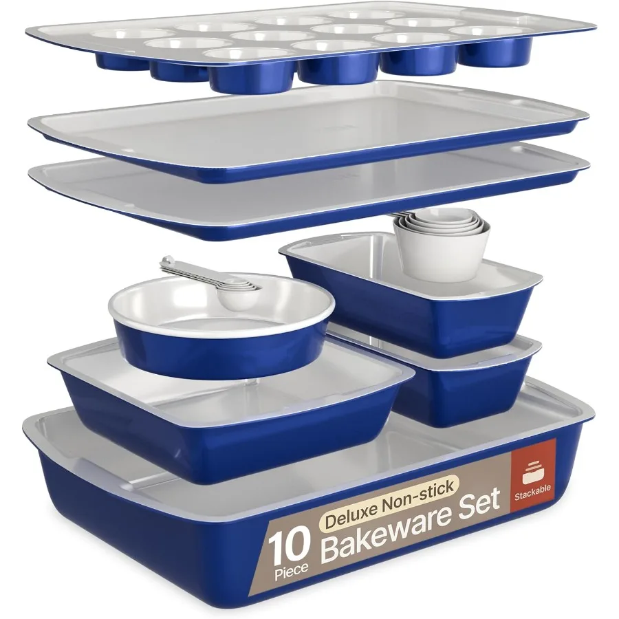 

Royal Blue 10Piece Bakeware Sets Nonstick Carbon Steel Baking Sheet and Pans Stackable SpaceSaving Bakeware Dishwasher Safe Sta