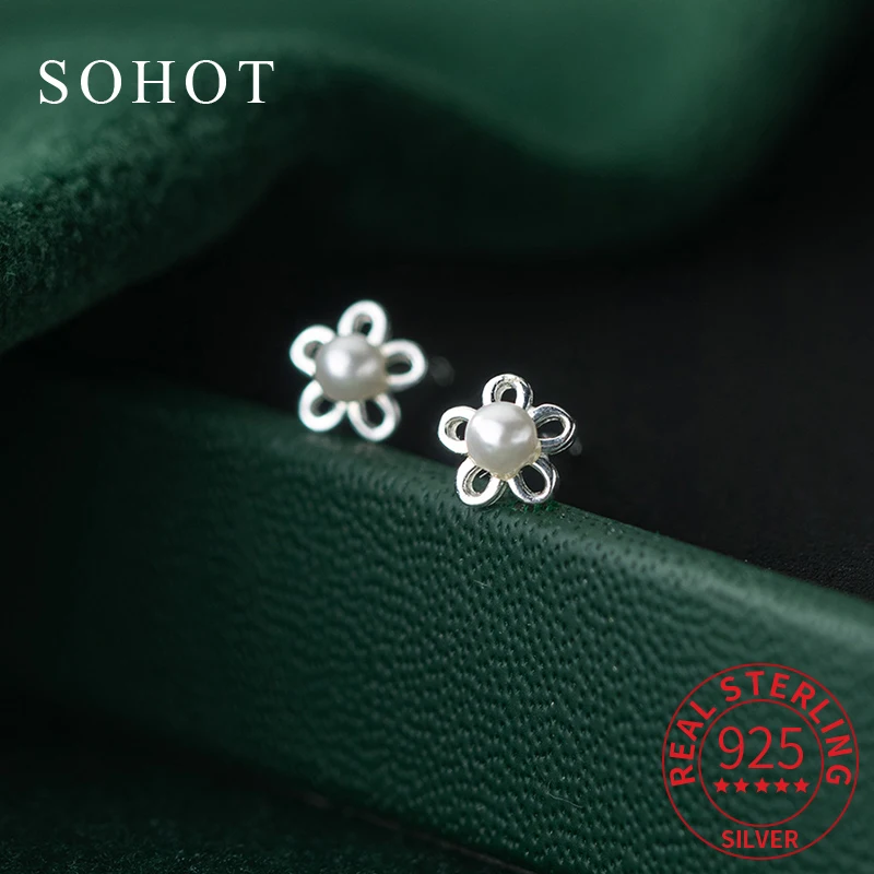 

Real 925 Sterling Silver Flower Pearl Mini Piercing Screw Bead Stud Earrings For Women Trendy Fine Jewelry Elegant Accessories