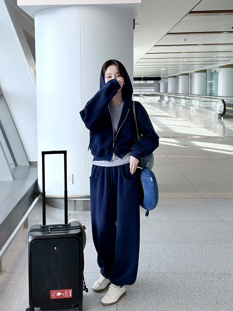 

Casual Commute Sle Hooded Two-Piece Set Women's Loose Slimming Dstring Trousers Long Sve Open Cardigan Spring Faion...