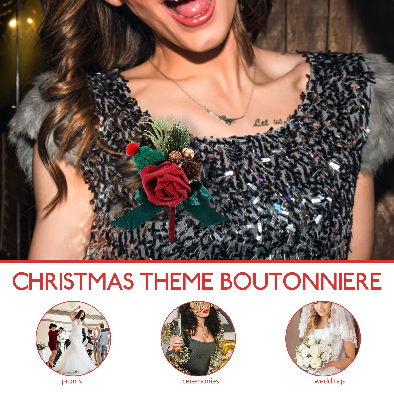 

Christmas Theme Artificial Flower Boutonniere Wedding Groom Bride Boutonniere Decoration Pin Wedding Party Supplies Floral