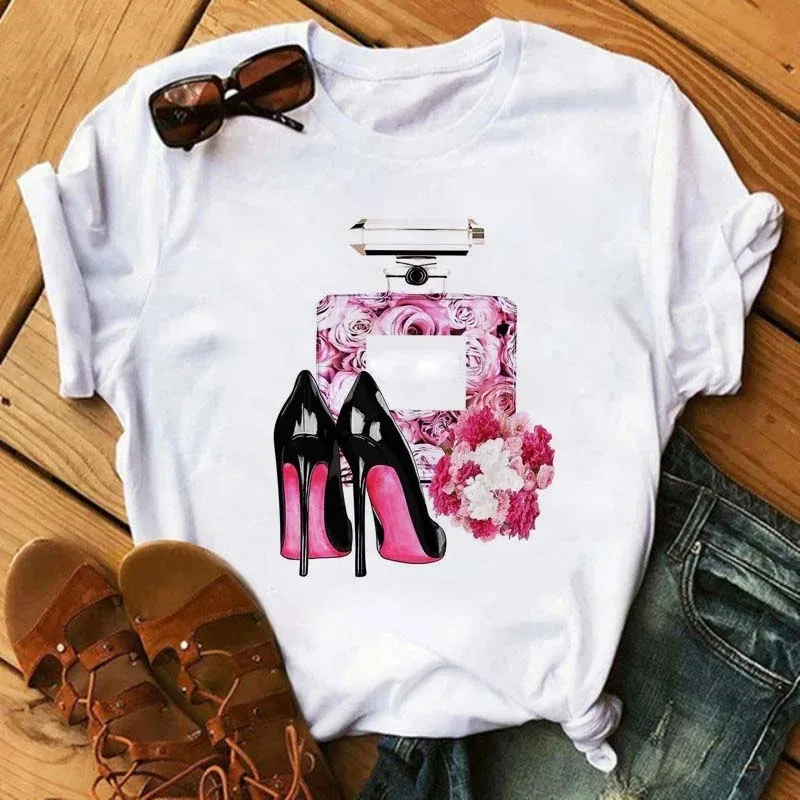 Pink High-heeled Shoes Printed Hemmed DressT-shirt Fashionable Lady Alice-style Short-sleeved Top Short-sleeved T-shirt Women's