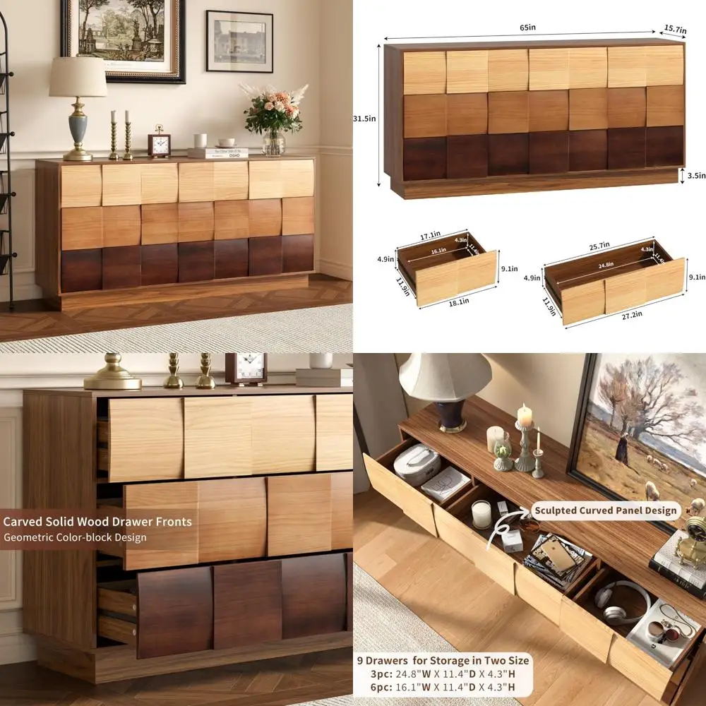 

contemporary 9-drawer solid wood dresser, 65" wide with gradient block pattern for bedrooms and living spaces