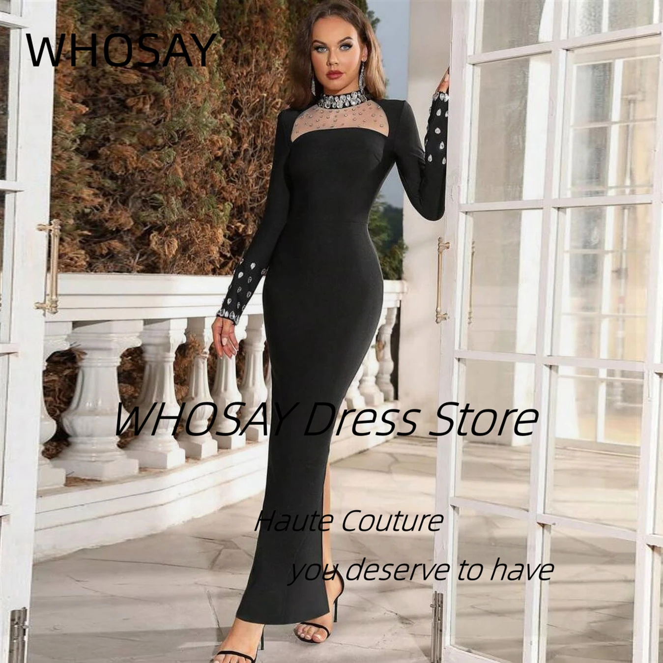 

WHOSAY Black Mermaid Back Slit Prom Dresses 2024 High Collar Crystals Long Sleeves Evening Party Trumpet Bridal Gowns