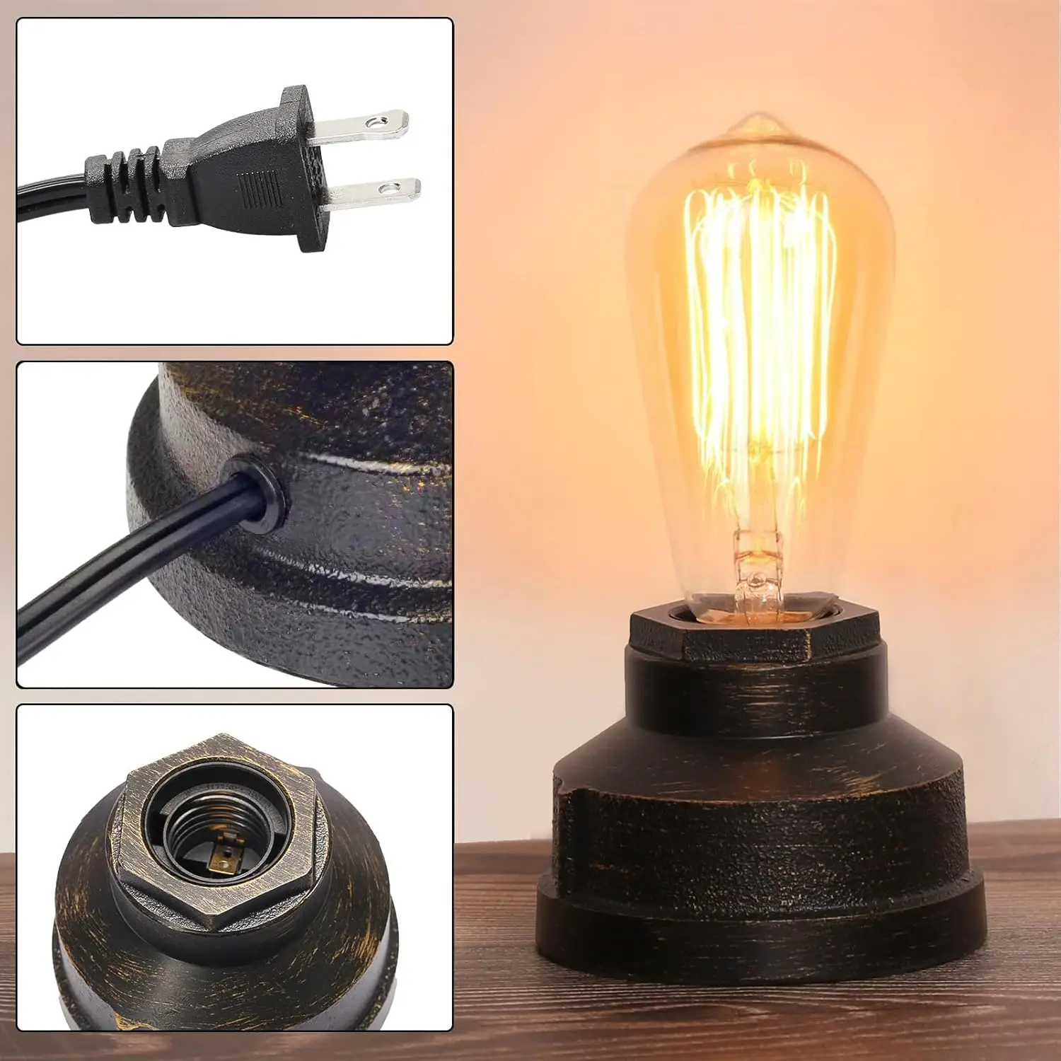 Lámpara de mesa industrial con control táctil, luz de mesita de noche con bombilla Edison regulable, acento Steampunk vintage para dormitorio y sala de estar