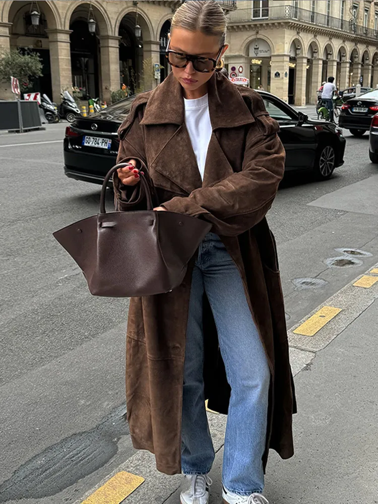 Fashion Brown Lapel Single Breasted Suede Leather Jackets For Women Chic Oversized Pockets Cropped Overcoat 2024 Lady Streetwear