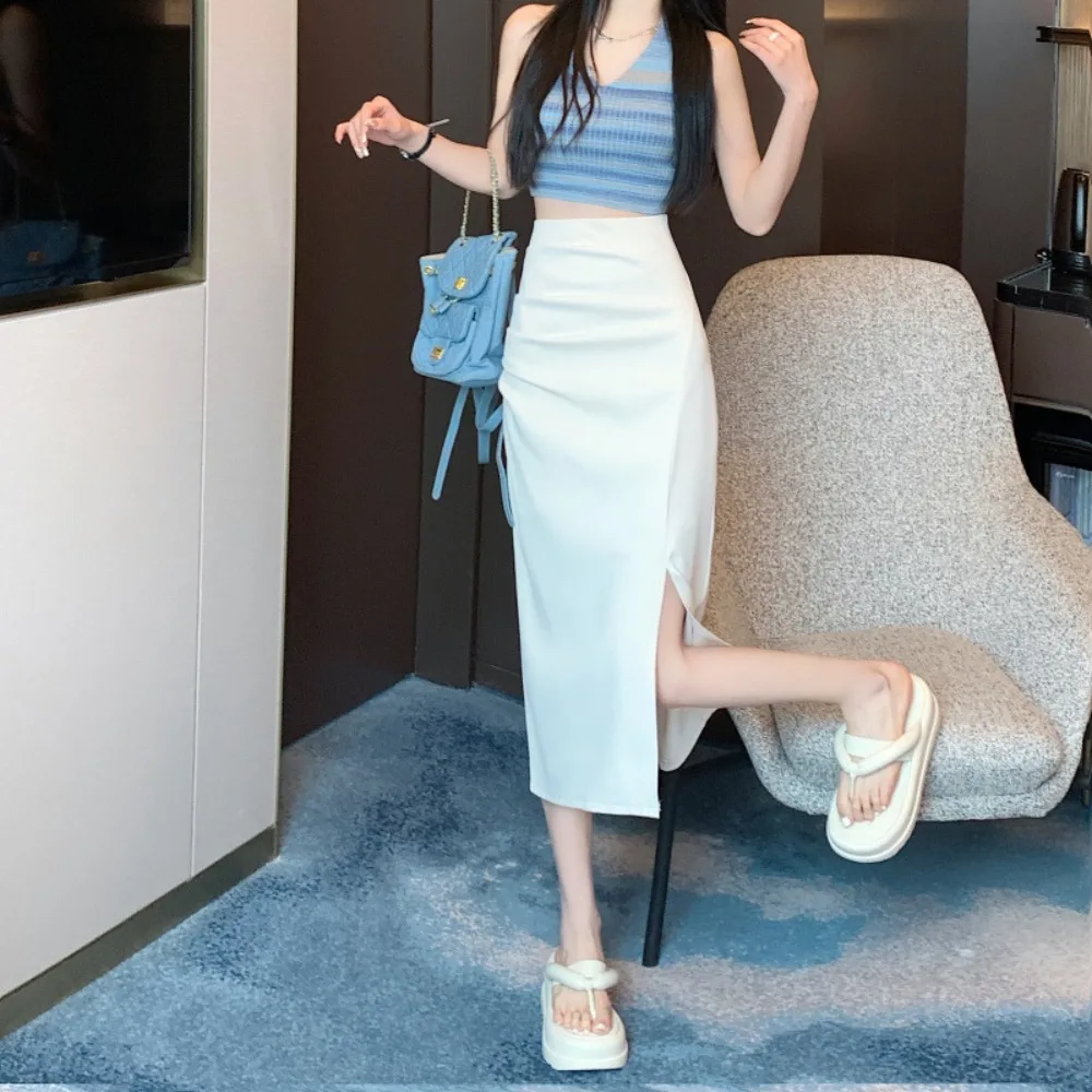 

Preppy Style High Waisted Hip Wrap Skirt Side Slit Slim Fit Maxi Skirt Chic Pencil Skirt Summer Spring