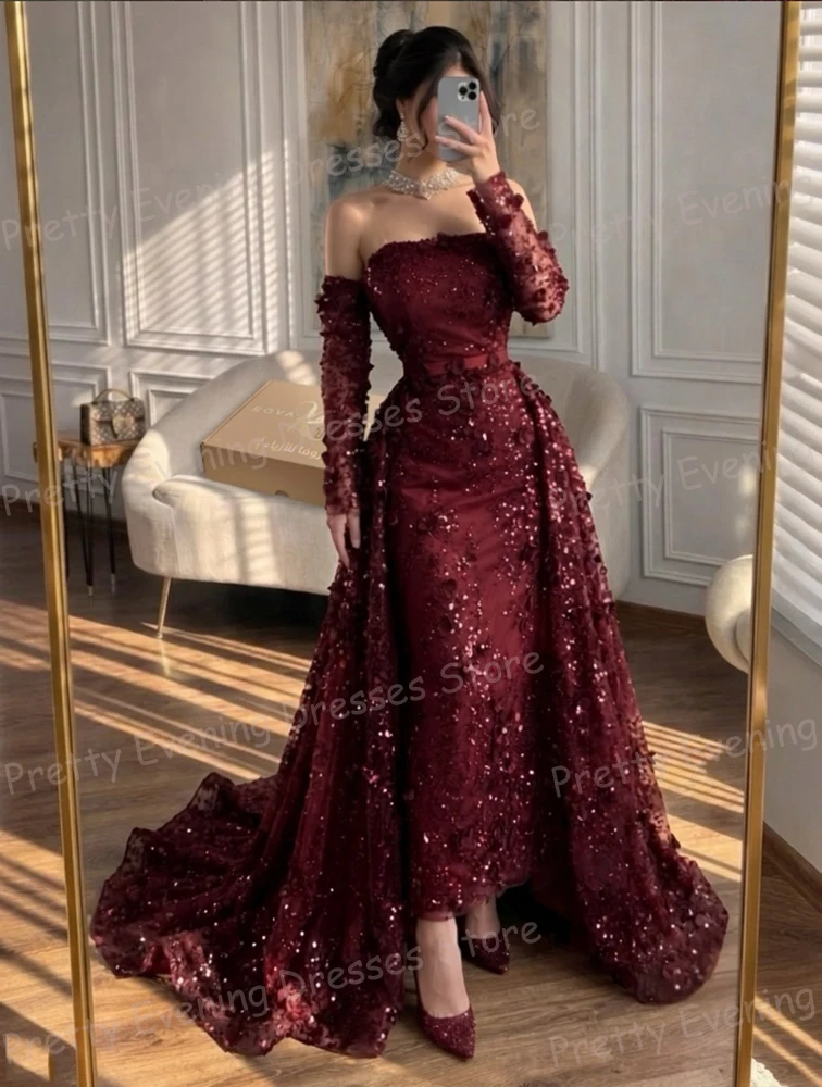 Simple Red Evening Dresses Mermaid Shiny Women's Prom Gowns Customized Tea-Length Sequin Beach Party Fashion Vestidos De Novia