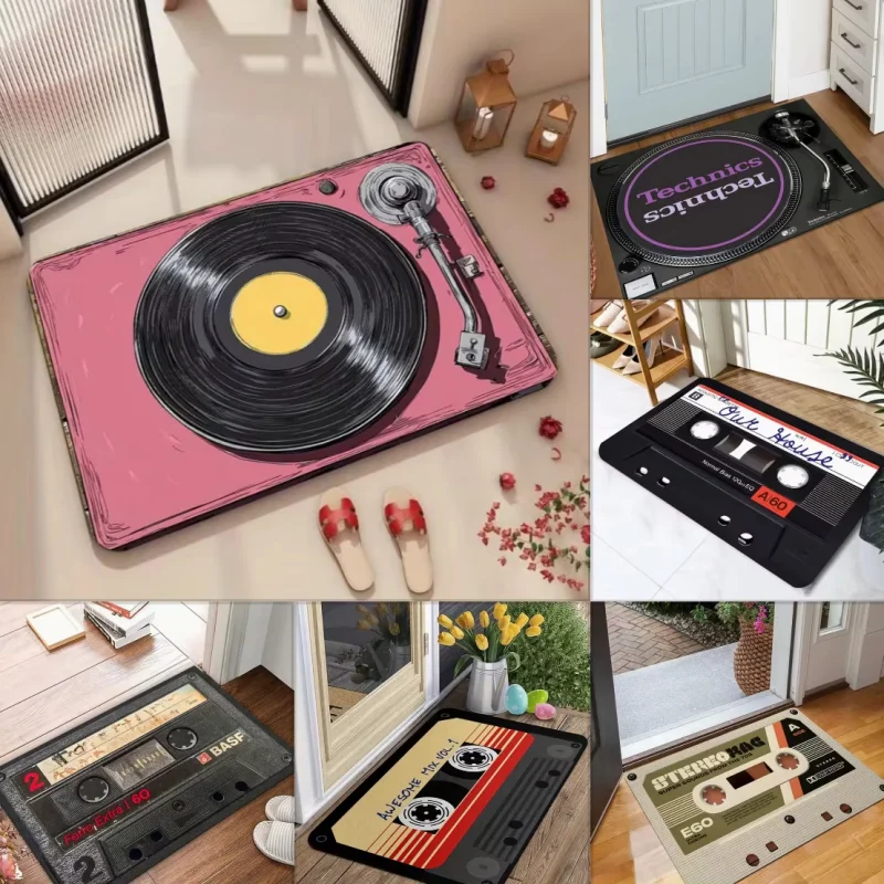 VIKAMA Retro Vinyl Cassette Door Mat Non Slip Washable Mat Entrance Music Room Bedroom Vintage Home Decor