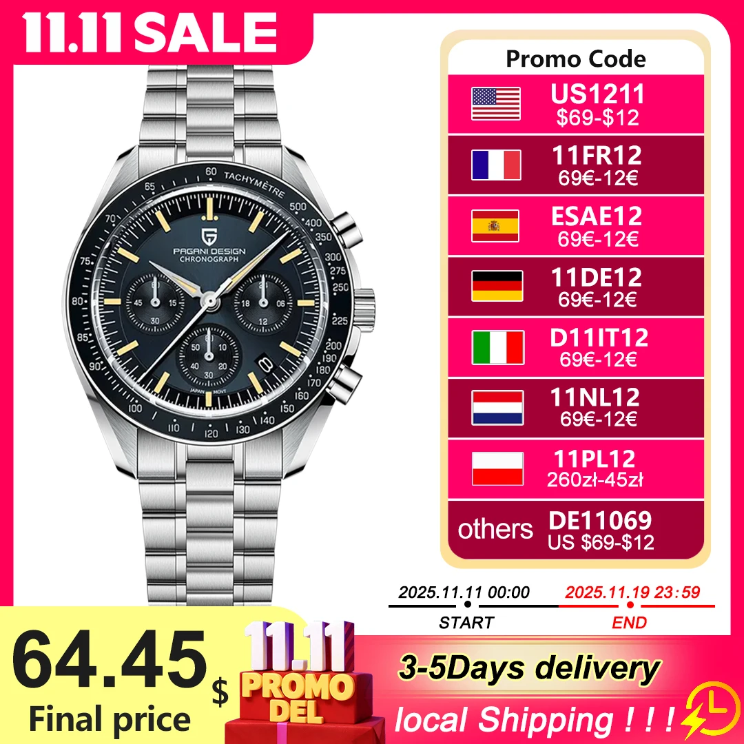 PAGANI DESIGN 2025 뉴 문 시계 남성용 레트로 럭셔리 쿼츠 시계 스테인레스 스틸 빛나는 방수 스포츠 크로노 그래프 맨
