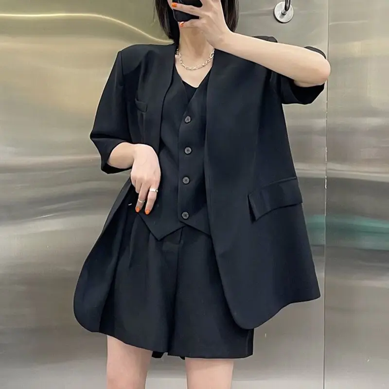 Women\'s 2024 Summer New Fashion Fake Two Piece Short-sleeved Blazers Jacket+High Waist Shorts Matching Set Korean Elegant Suit