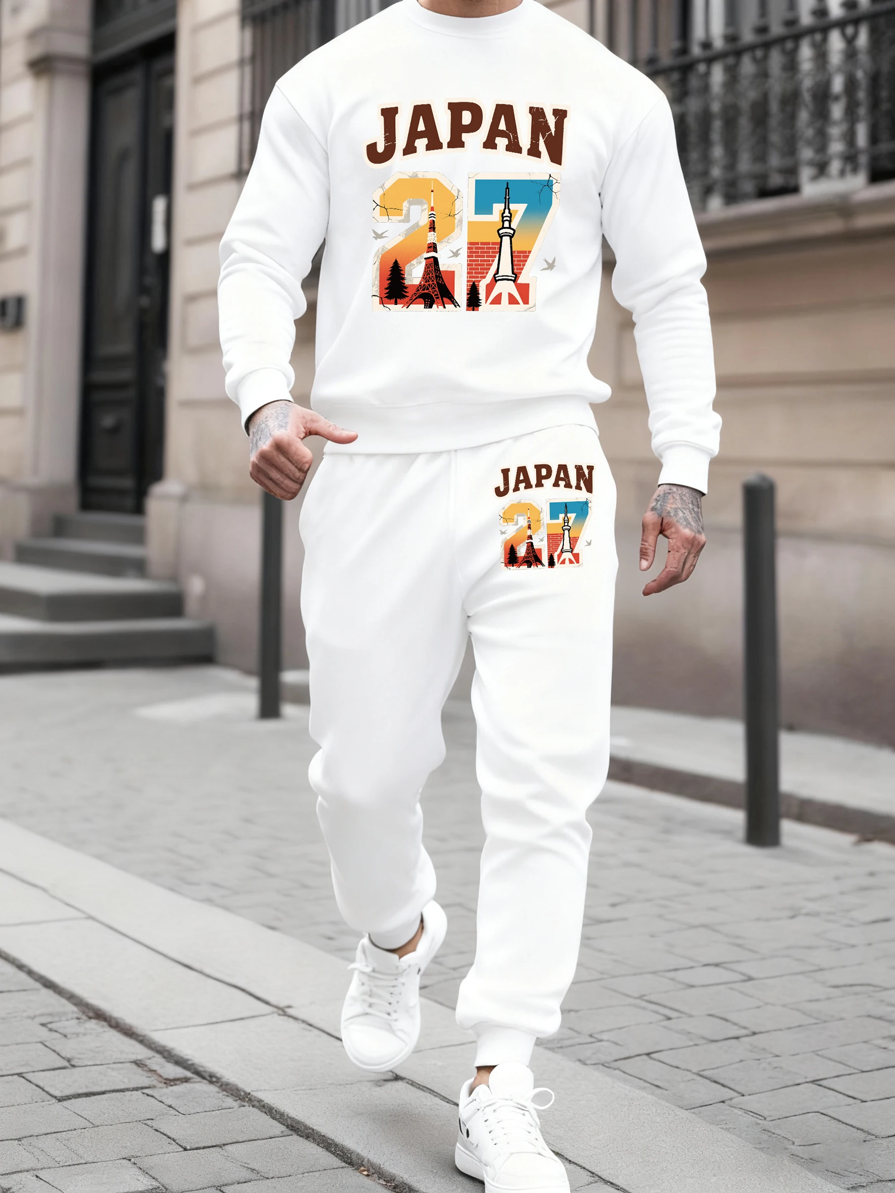 Japan Tokyo Tower Sky Tree Drucke Sweatshirt Männer Herbst Fleece Jogginghose Hip Hop Jogging Tops 2Pc Sets Straße Oansatz Trainingsanzug