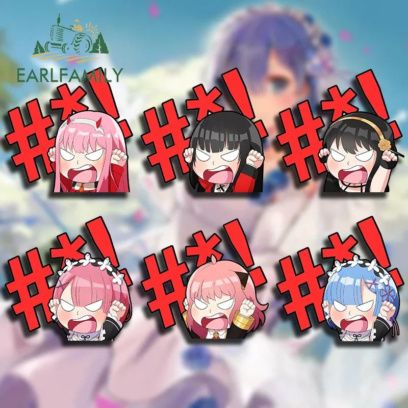 

EARLFAMILY 13 см для Zero Two Rem Ram Anya Yor, автомобильная наклейка Angry Swearword, милый мем, аниме-наклейки, забавный солнцезащитный крем, Стайлинг автомобиля