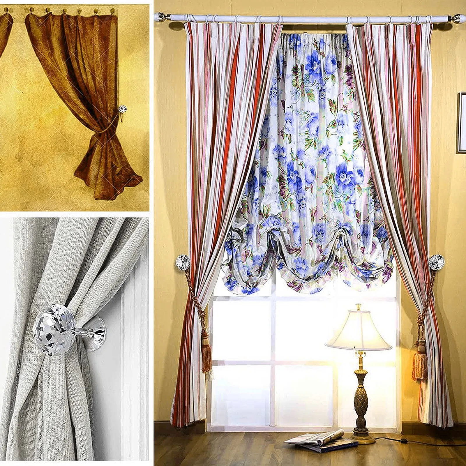 1Pair Crystal Curtain Hooks Shiny Alloy Multi-Functional Wall Mounted Tiebacks for Home Decor Living Room Bedroom Wedding Villa