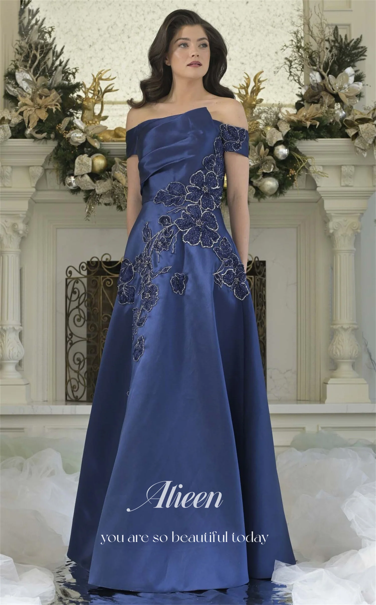 Aileen 3D Bloemen Luxe Avondjurken 2025, Luxe Satijn Vestidos De Festa Aangepaste فسات Musta-2011 Zwarte Vrouwen Avondjurk