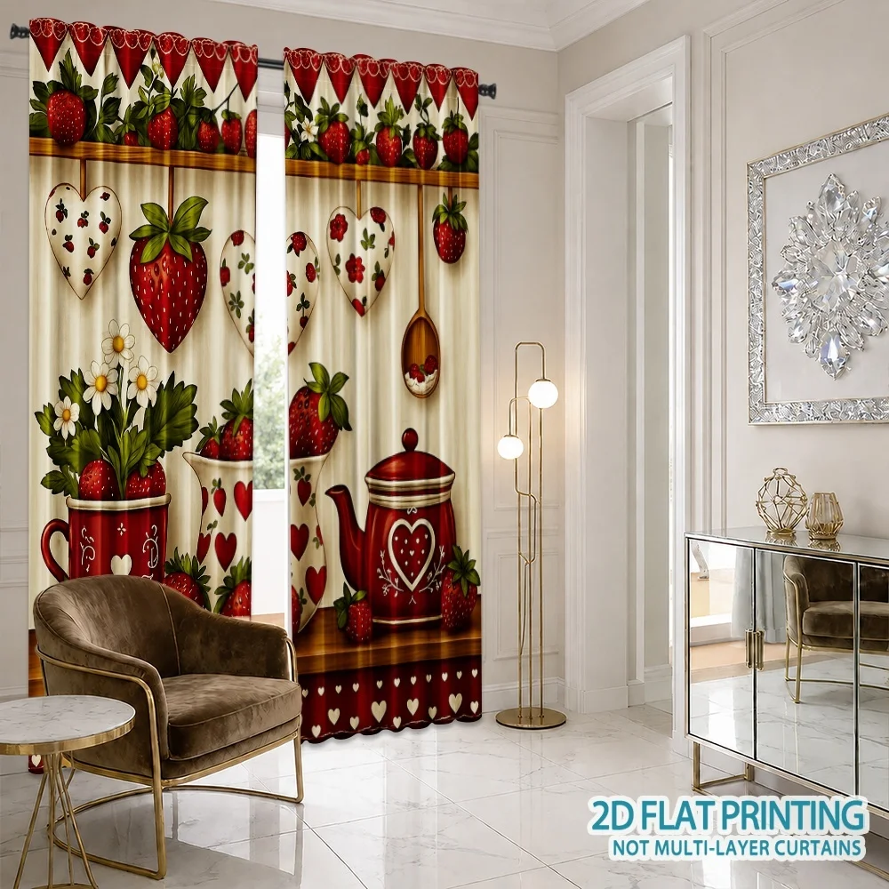 Pastoral Kitchen Curtains, Strawberry Heart Teapot Red, Digital Print, Kitchen Dining Room, Rod Pocket Polyester, Home Decor
