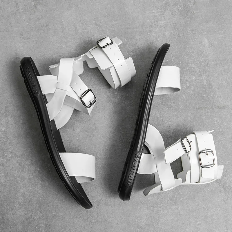 YEHENG Mens Punk Style Leather Sandals, Fashion Streetwear High-Ankle Gladiator Beach Shoes, Comfortable Open Toe Flat Sandals