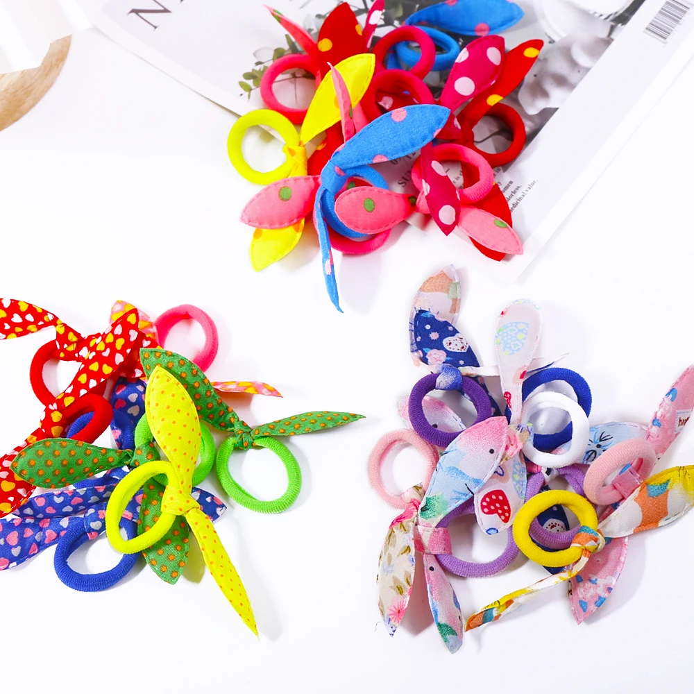 50PCS/Bag Elastic Hair Tie Mix Color Nylon Hairband Kids Children Rabbit Ear Girls Cute Rubber band Hair Accessories Ornaments