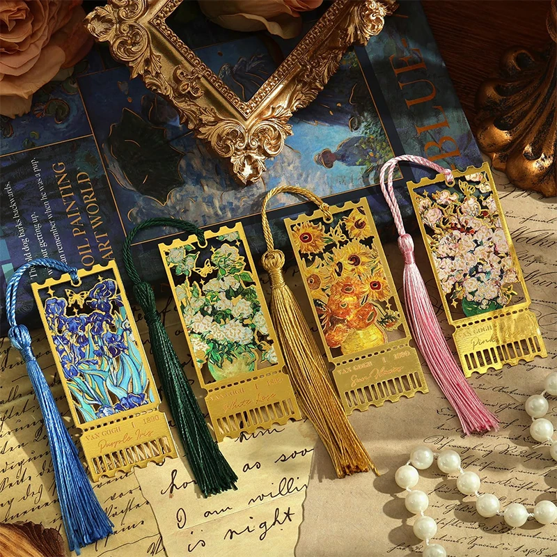 Metal Bookmark Oil Painting Flower Cutout Tassel Bookmark Reading Book Separator Reading Accessories Metal Book Point Teacher