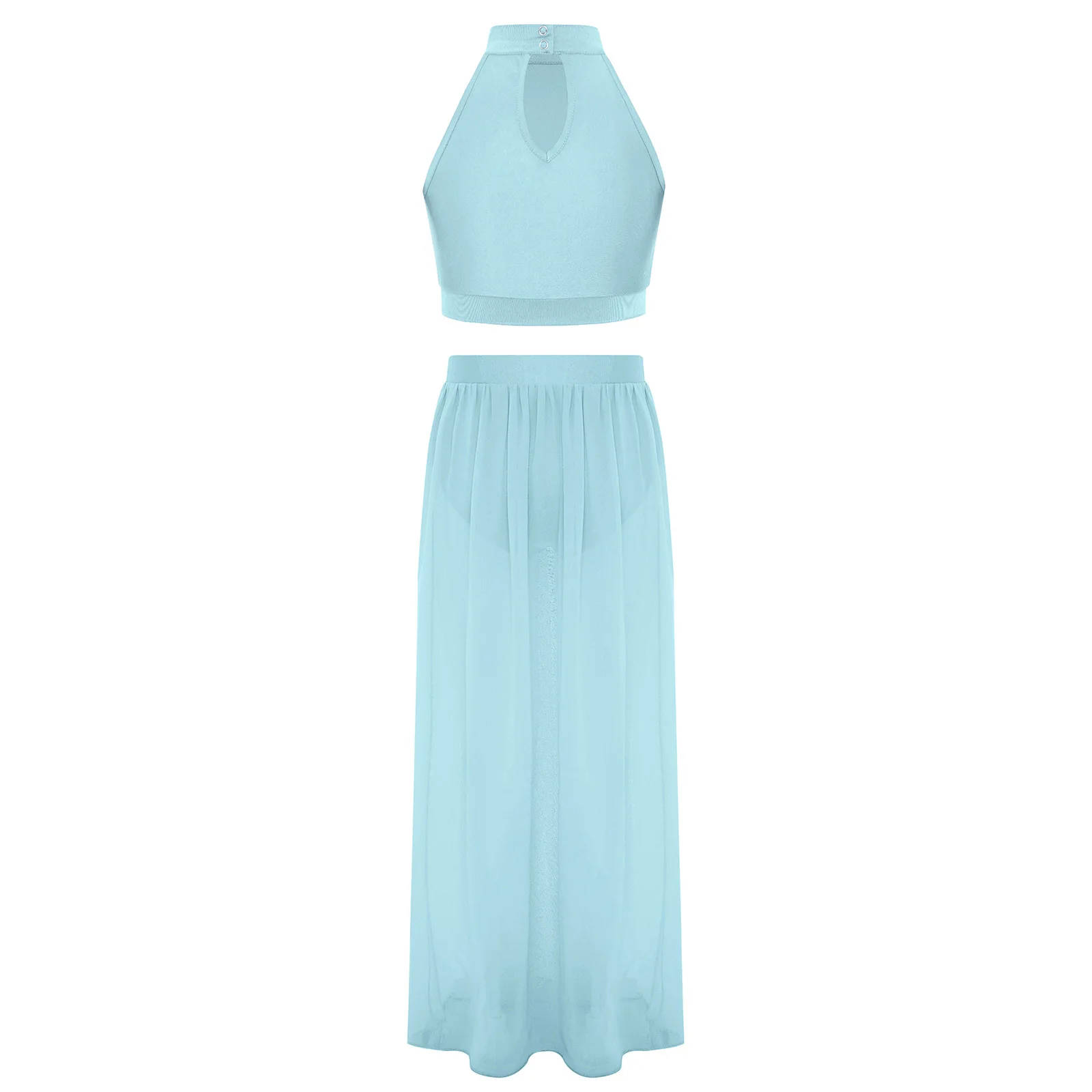 Kid meisjes lyrische moderne hedendaagse danskostuum mouwloze kleurblok ruches crop top met split chiffon rok ballet outfit