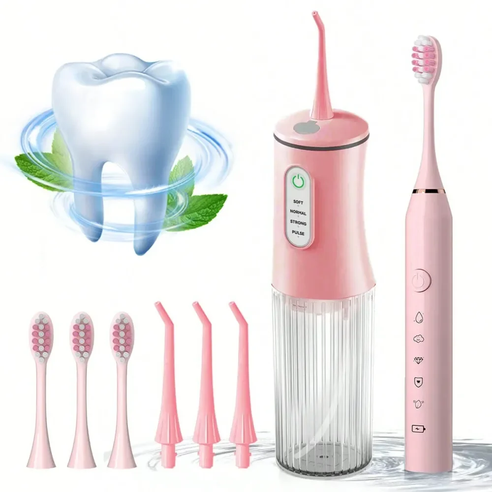 

Set Adult Electric Toothbrush With 4 Replacement Brush Heads, 1 Set Handheld Electric Water Flosser With 4 Jet Tips, IPX7 Waterp