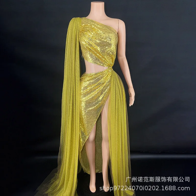 Shoulder Perspective Mesh Glam High Fork Dress Stage Talent Show Fashion Party Theme Show Performance Dress Vestidos Para Festas