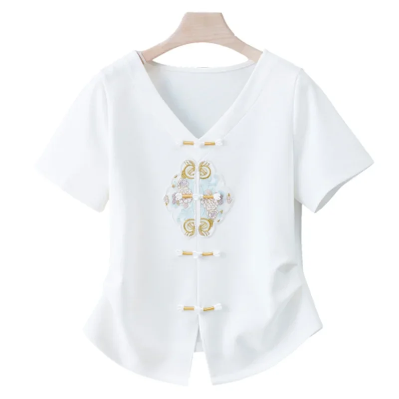 

Women Chinese Style Embroidery T-Shirt Elegant Bead Clasp Decoration V Neck Pullover Tops Summer Slim Short Sleeves Female Tees