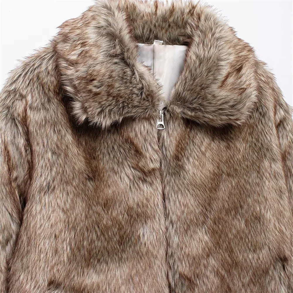 women's pocket decoration warm zipper style fur jacket autumn and winter new item lapel long sleeved loose jacket