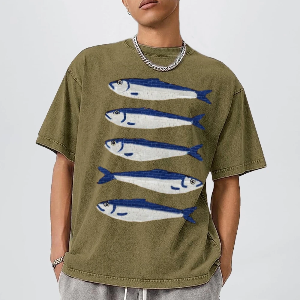 Korean Cartoon Salted Fish Print Women Loose T-Shirt Oversized Wash Short Sleeve Summer 2025 Fashion Design Casual Women Clothes