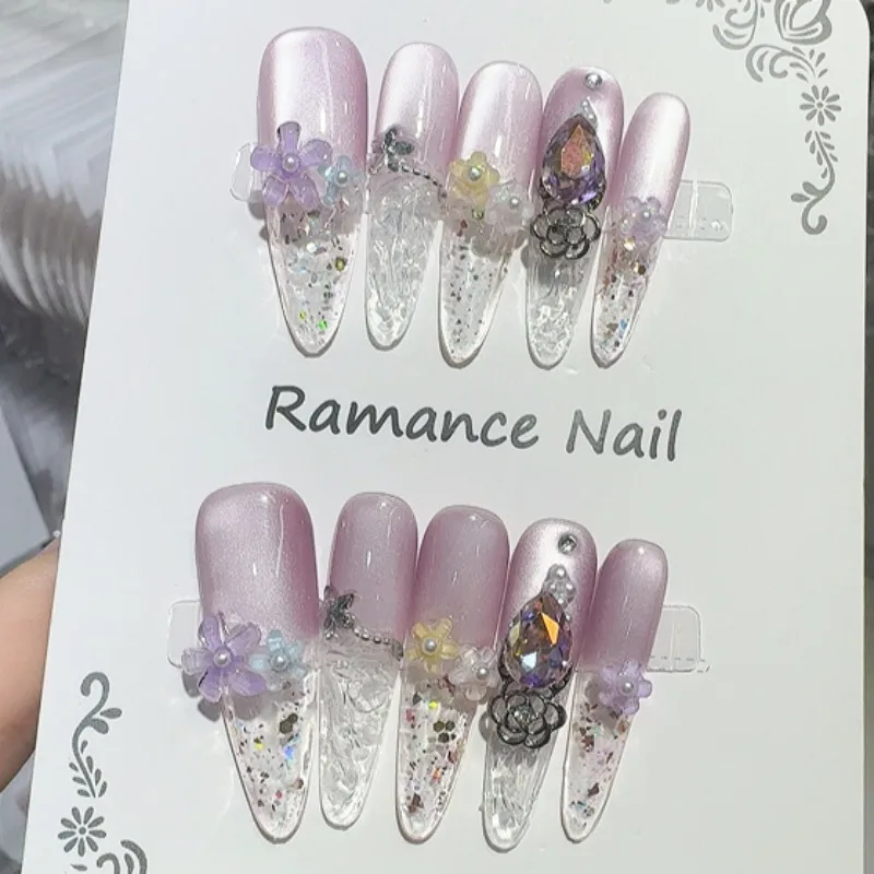 Faux ongles longs en amande faits à la main, 10 pièces, Style papillon tridimensionnel, diamant, Kit cadeau pour Nail Art