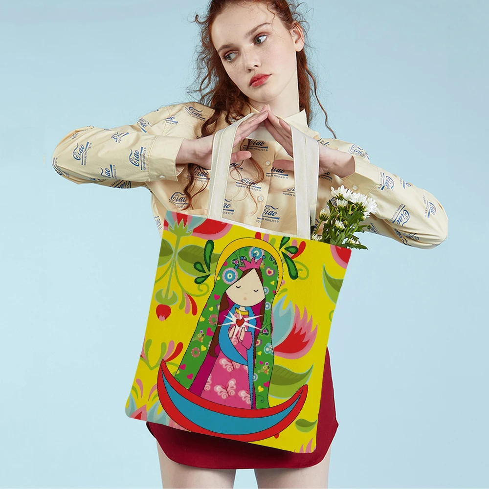 Ladies Shopping Bag Cartoon Virgin Mary Series Handbag Foldable Reusable Cloth Shopper Harajuku Style Student Canvas Tote