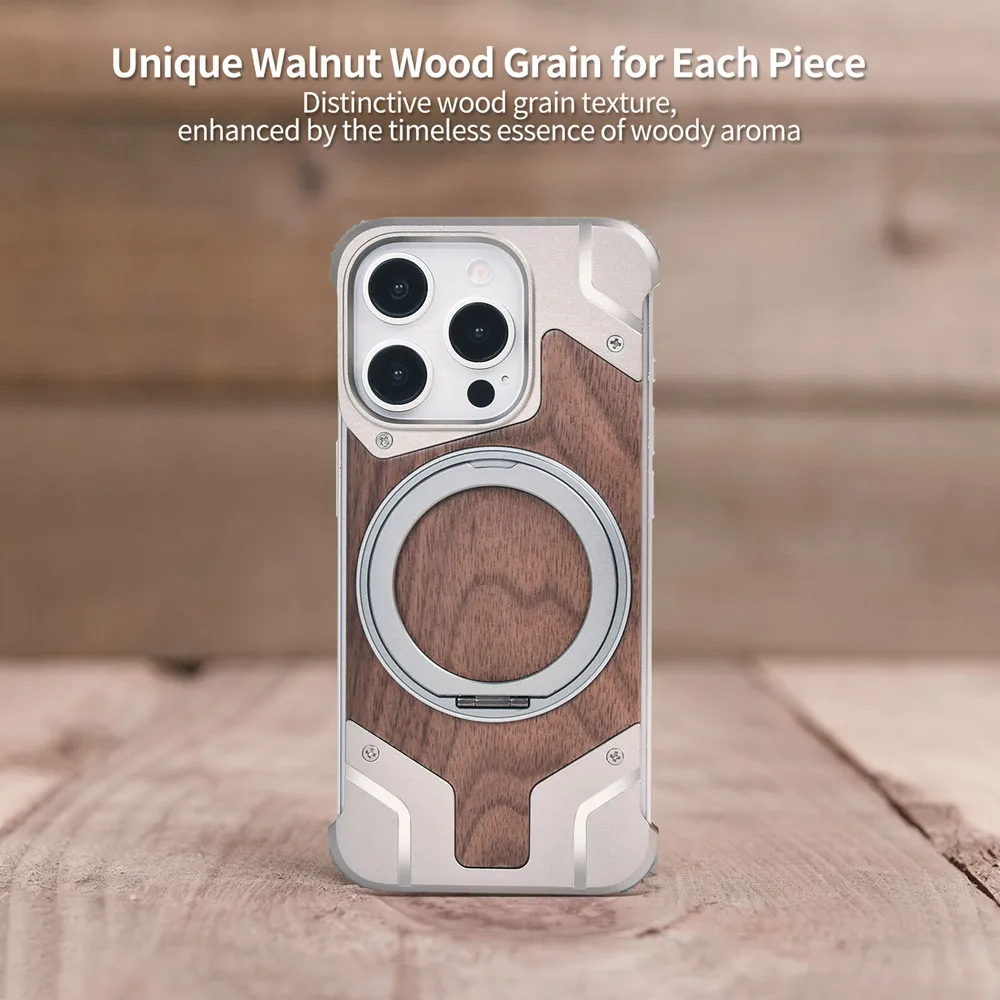 Titanium Alloy Metal Wood Case for iPhone 13 14 15 16 Pro Max 16Plus 360 Rotate Bracket Shockproof Bumper Wireless Charging Case