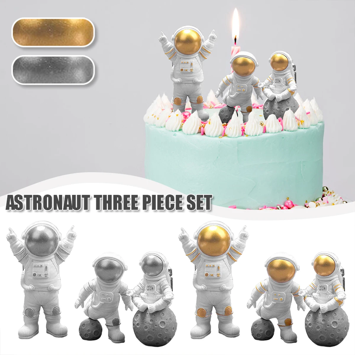 3Pcs Astronaut Figuren Kuchen Topper Raum Spaceman Action Figur Statue Astronaut Desktop Ornamente für Geschenk Party Kuchen Dekor