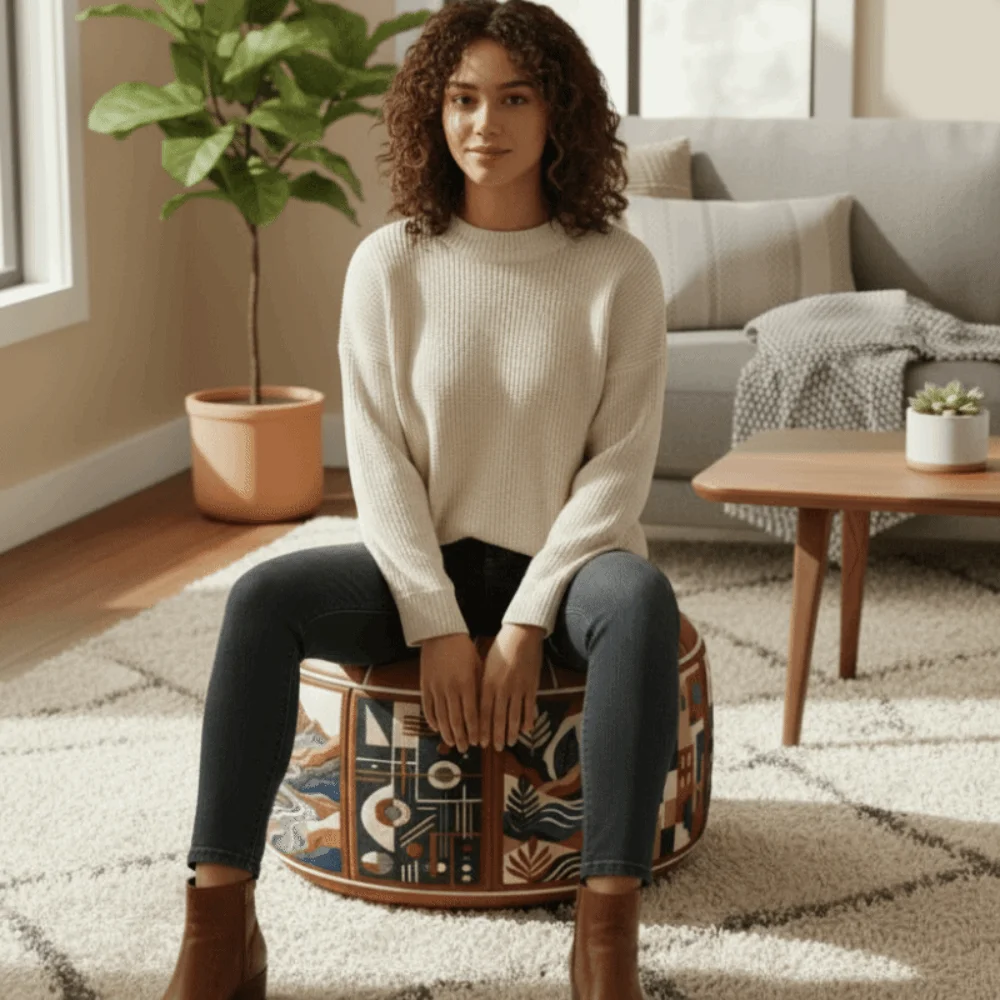 PU Leather Oil Painting Pattern Stool Cover Waterproof Large Capacity Pouf Cover Unfilled Rustic Style Clothes Storage Bag