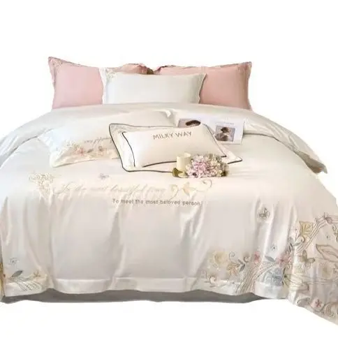 Light Luxury Style Long Staple Cotton Embroidery Four Piece Set with Double Sided Cotton Quilt Cover, Four Seasons Bed Products