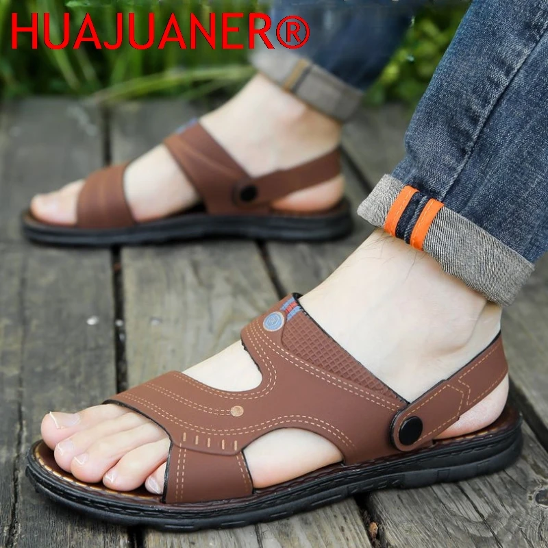 2025 Men's Summer New Sandals and Slippers Men's Leather Sandals Adult Thick-soled Beach Shoes Non-slip Open-toe Leather Sandals