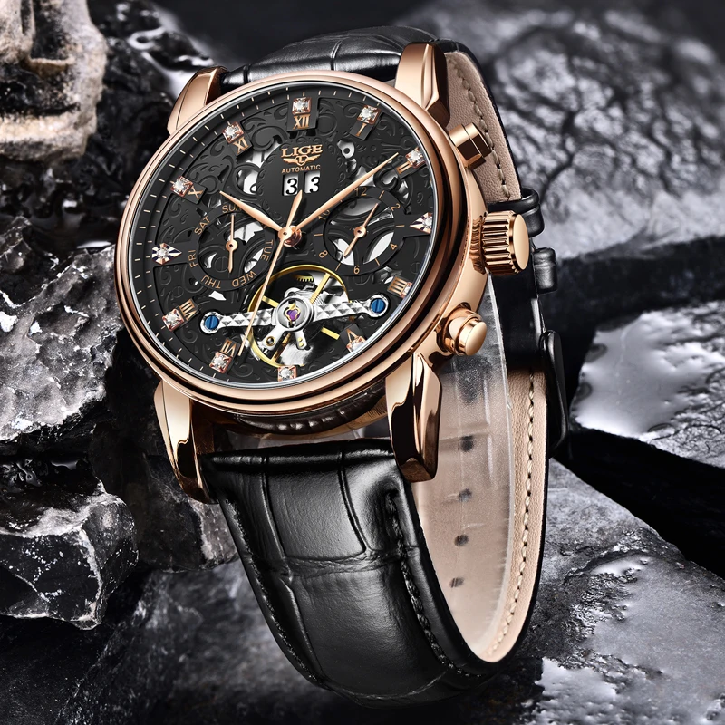 2024 LIGE Business Mens Mechanical Watches Top Brand Luxury Creative Automatic Date Watch For Men Leather Waterproof Wristwatch