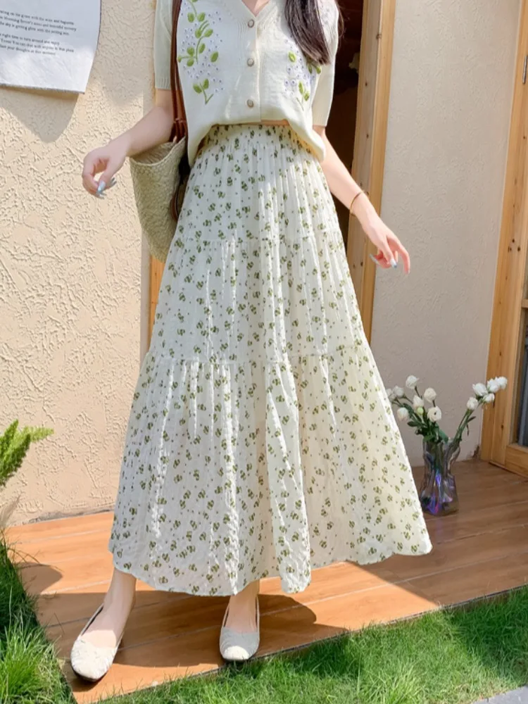 

Зеленая женская летняя юбка миди А-силуэта с цветочным принтом, на резинке, с драпировкой, плиссированная, расклешенная, средней длины