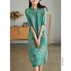 Button Summer New Cotton And Hemp Lapel Art Dress Women's Vintage Printed Cotton And Hemp Mid Length Dress