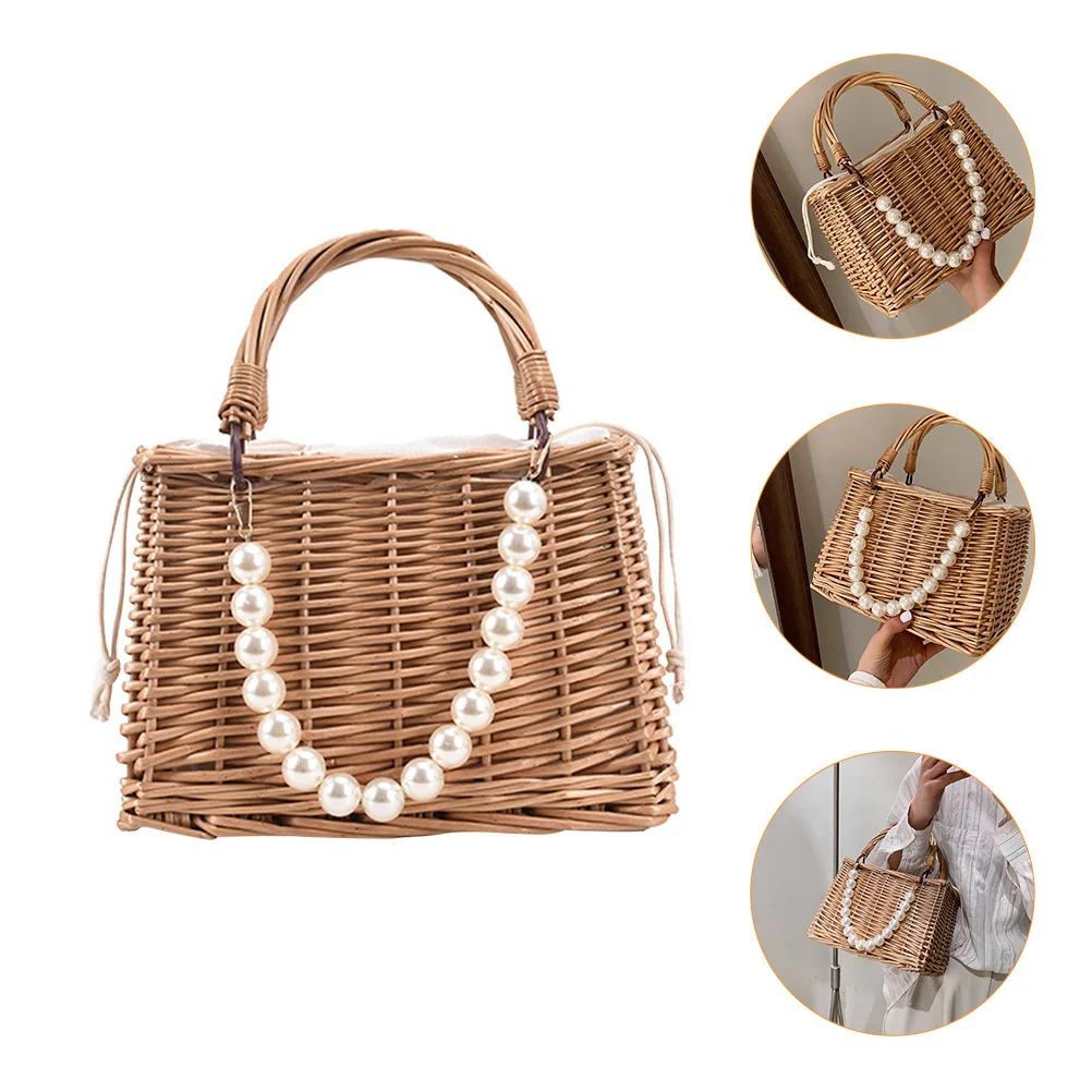 

1Pcs Fashionable Straw Pearl Handbag Portable Bag Easy Access Beach Bag Woman Summer Straw Purse Woman Handbag