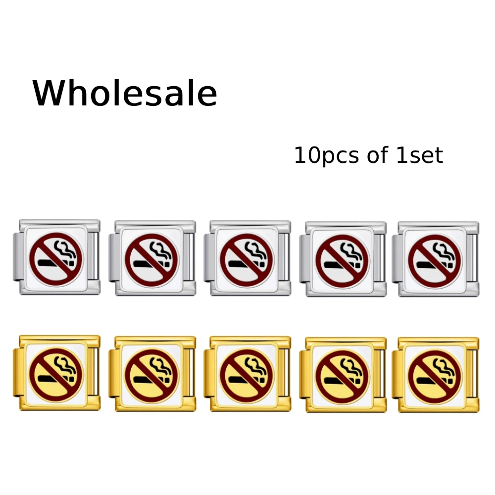 10pcs No Smoking Sign Italian Module Bracelet Enamel Charm Stainless Steel Links Set DIY Making Jewelry Bulk Wholesale