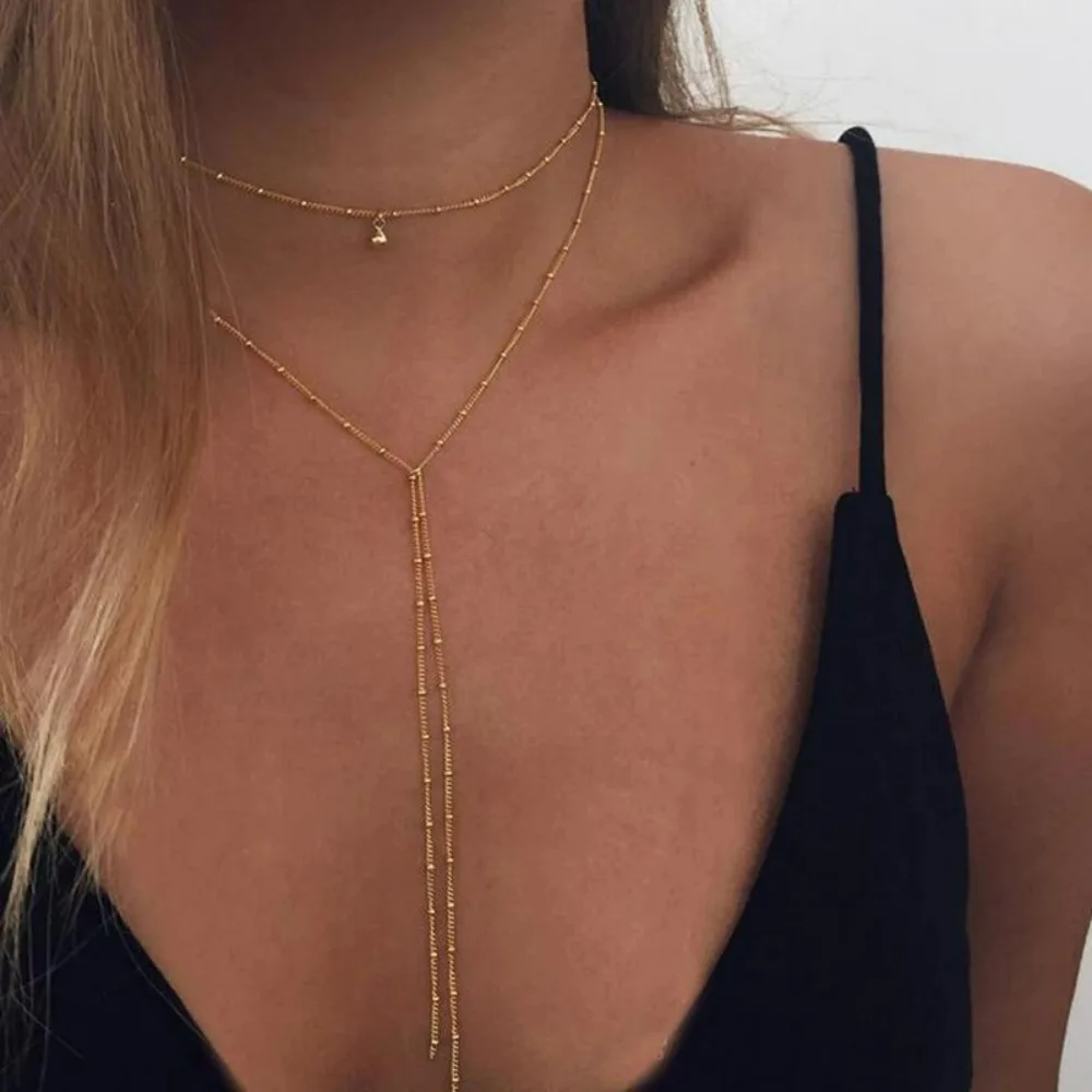 2026 Vintage Goldfarbene Lange Ketten-Halsketten für Frauen Einfache Metallische Geometrische Perlen-Quasten-Choker Party Ästhetischer Schmuck
