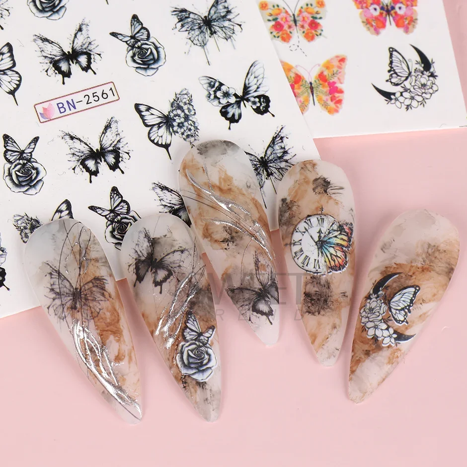 12 adesivi floreali per nail art di design, decalcomanie per acqua, trasferimento, farfalla, fiore, foglia, rosa, design, cursori, fascino, decalcomanie per manicure, tatuaggio